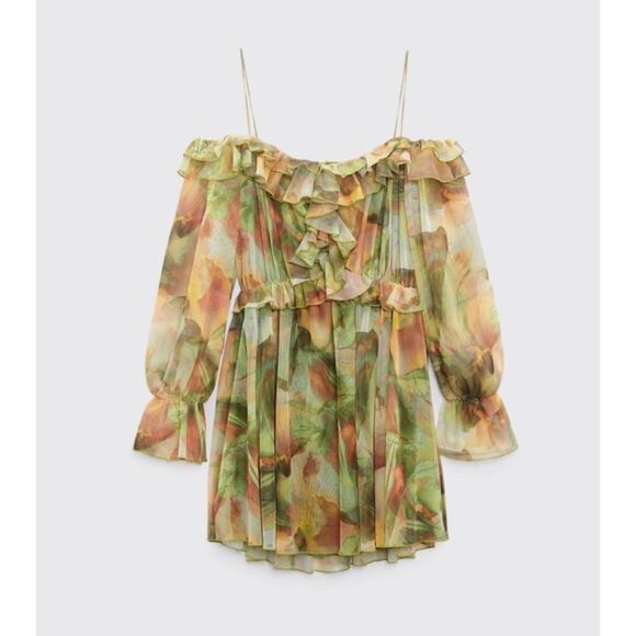 Women ZARA Floral Tulle Off Shoulder Mini Dress in Green Yellow Size Small - Picture 2 of 8